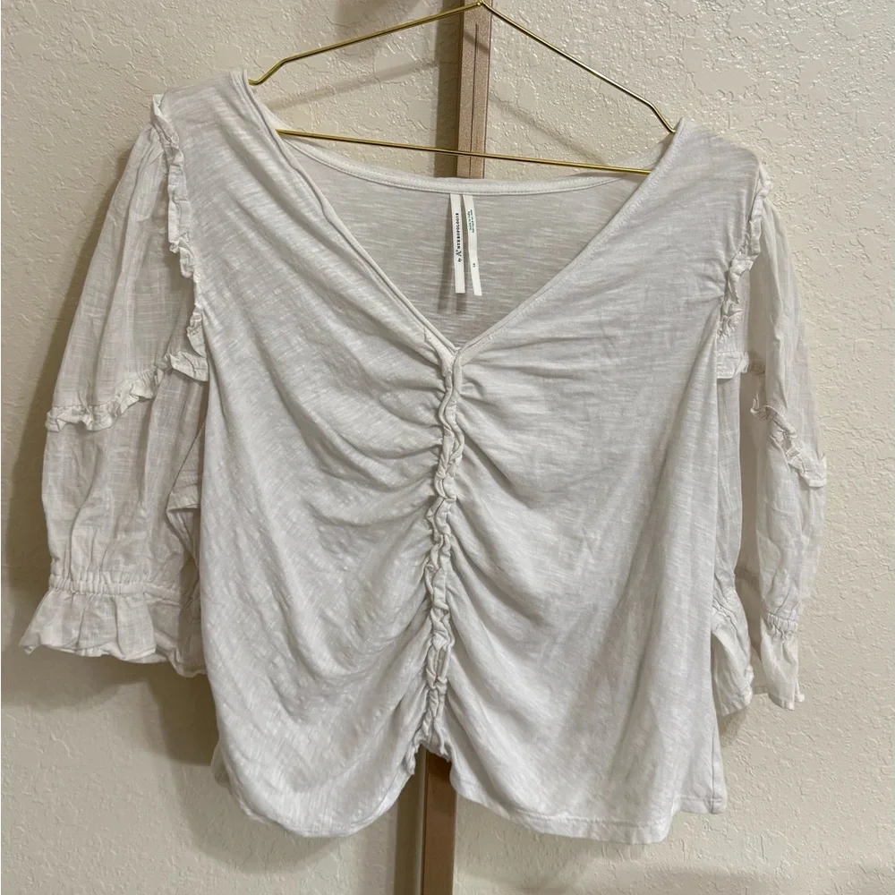 Anthropologie Dreamy Ruched Ruffle White Top Size 1X - Picture 2 of 9